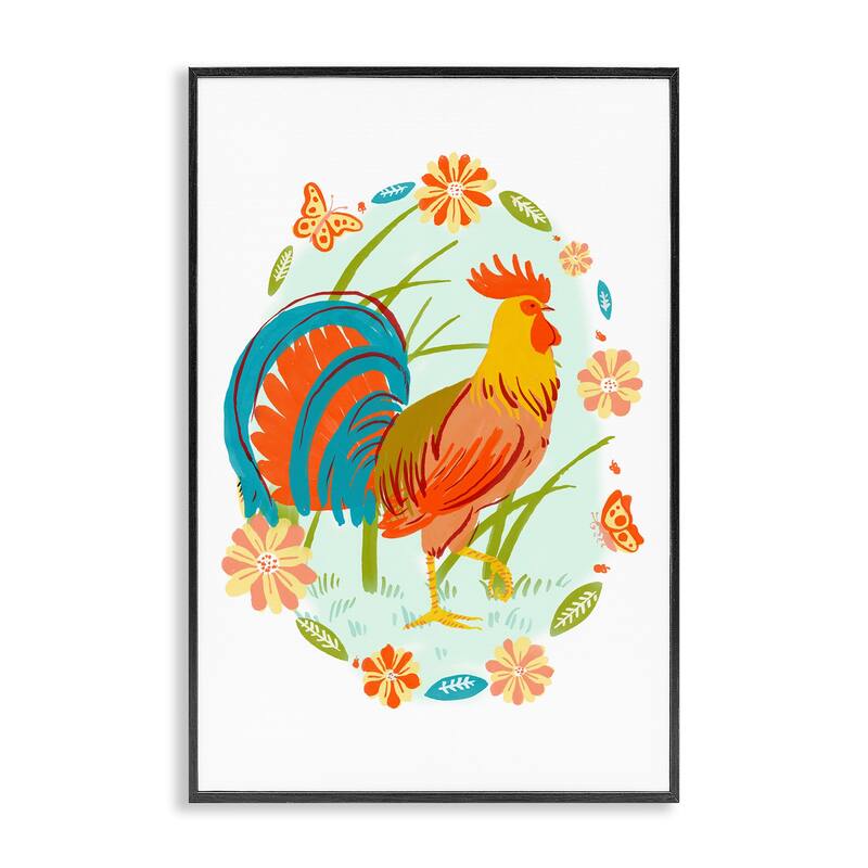 Stupell Rooster with Butterflies Border Framed Giclee Art Design By Hannah Moren - 20 x 30 - Black