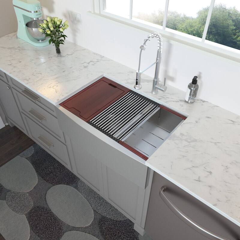 33 Inch Kitchen Sink Apron Front Ledge Workstation Low Divide Double Bowl 60/40 16 Gauge Stainless Steel Farm Kitchen Sink - Brushed