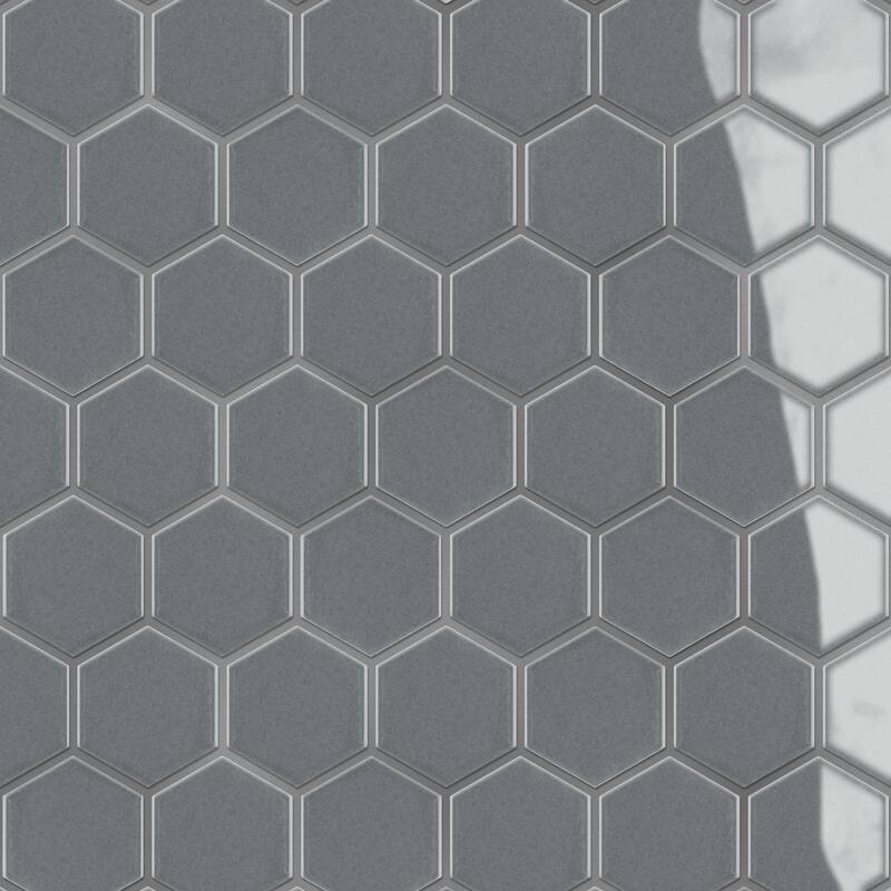 Merola Tile Metro 2" Hex Glossy Grey 11-1/8" x 12-5/8" Porcelain Floor and Wall Tile