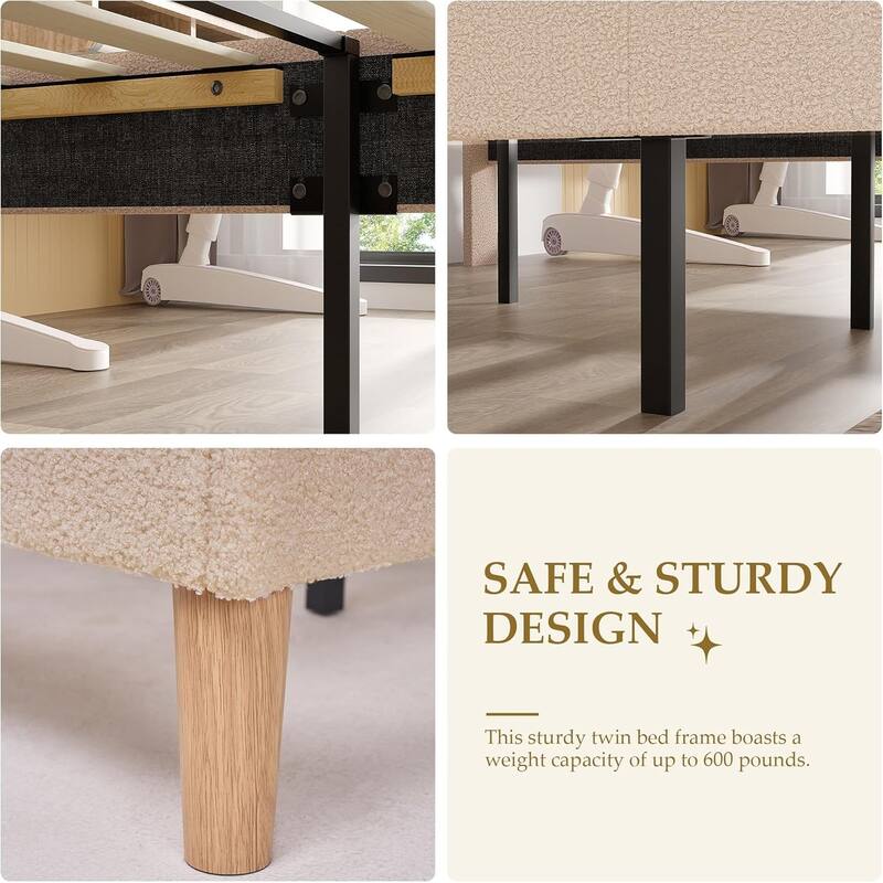 2 Pack Twin Size Upholstered Platform Bed Frame with Adjustable Headboard, Teddy Fleece, No Box Spring Required