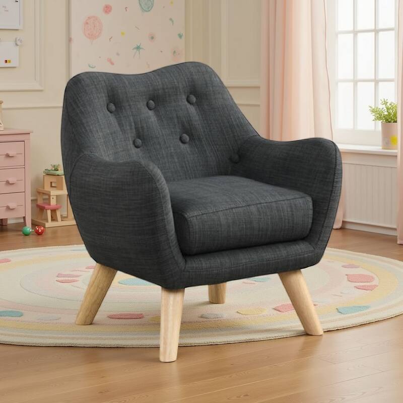 Binie Kids Chair with Wood Angled Legs, Gray Button Tufted Linen