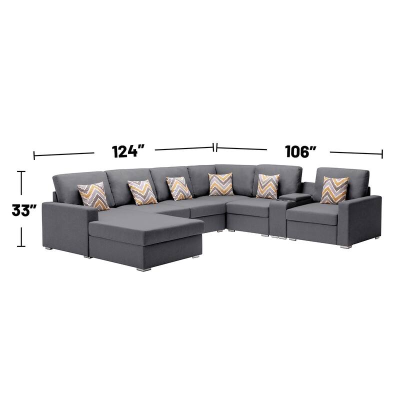 Linen Fabric 7 Piece U-Shaped Reversible Chaise Sectional Sofa with Storage Console Table and 6 Pillows