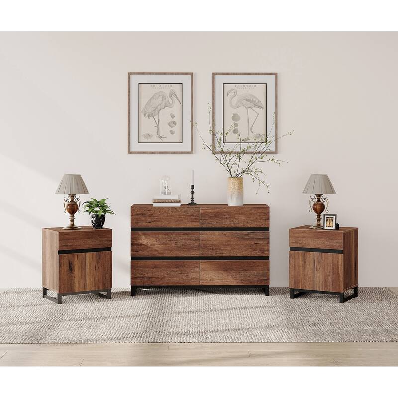 3-Piece Dresser And Nightstand Set, Dresser With 6 Drawers, 2 Nightstand for Bedroom, Bedroom Furniture Set