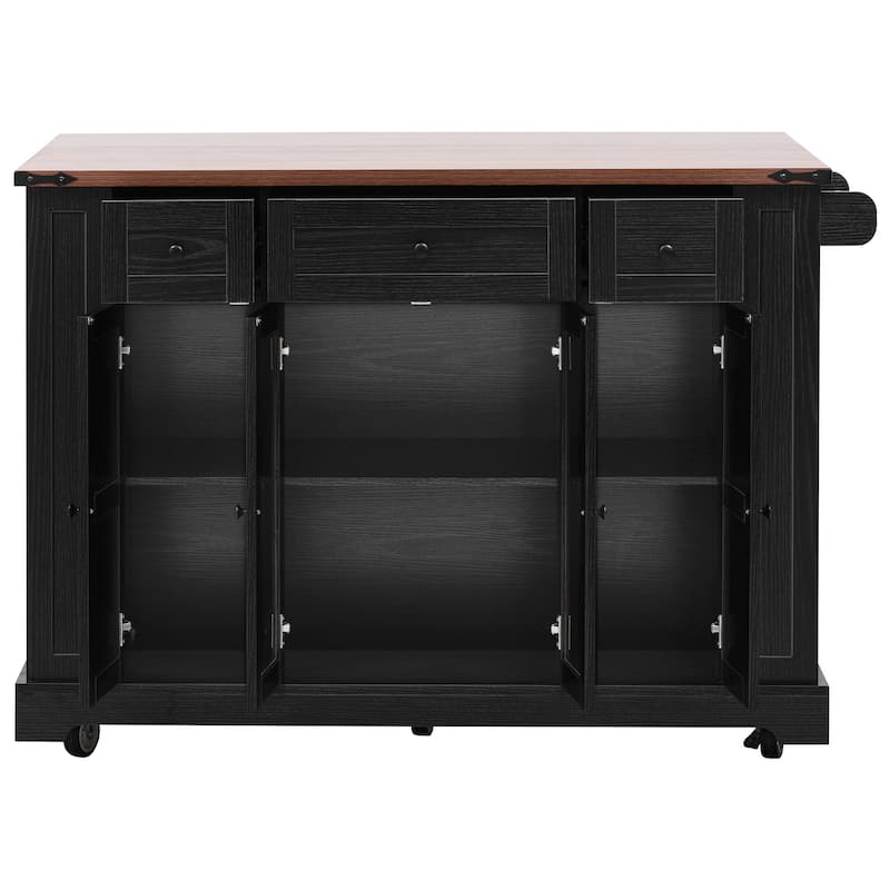 53'' Kitchen Island with Two Tempered Glass Cabinet Doors, Rolling Kitchen Cart on Wheels with Drop Leaf, Power Outlet