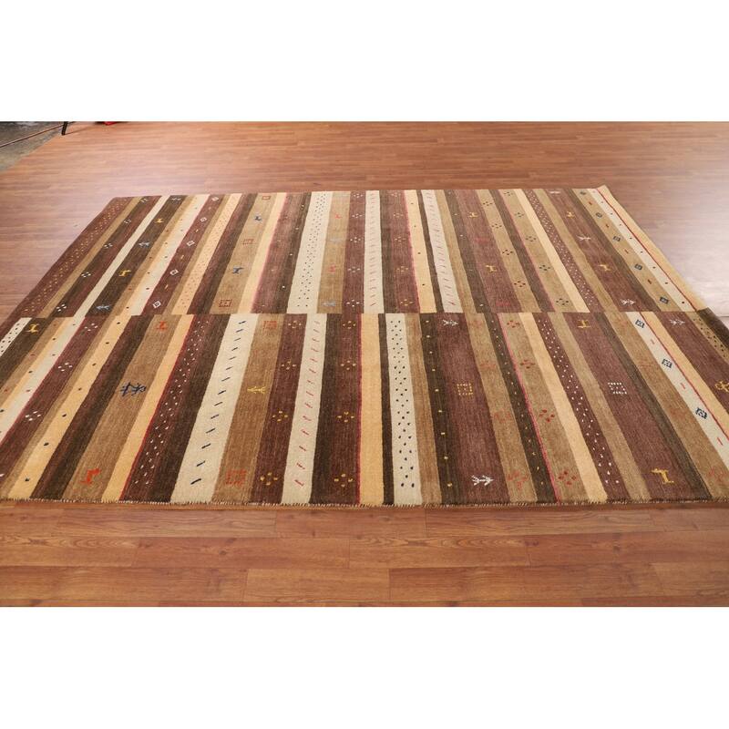 Striped Gabbeh Oriental Area Rug Hand-Knotted Brown Wool Carpet - 6'9" x 9'11"