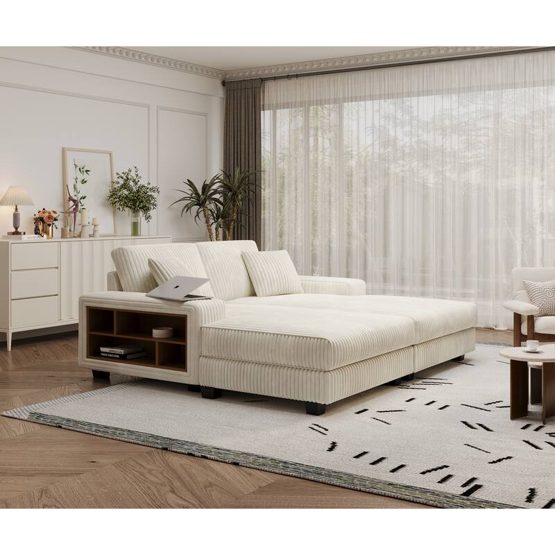 Corduroy Fabric Convertible Sleeper Sofa with Side Shelves