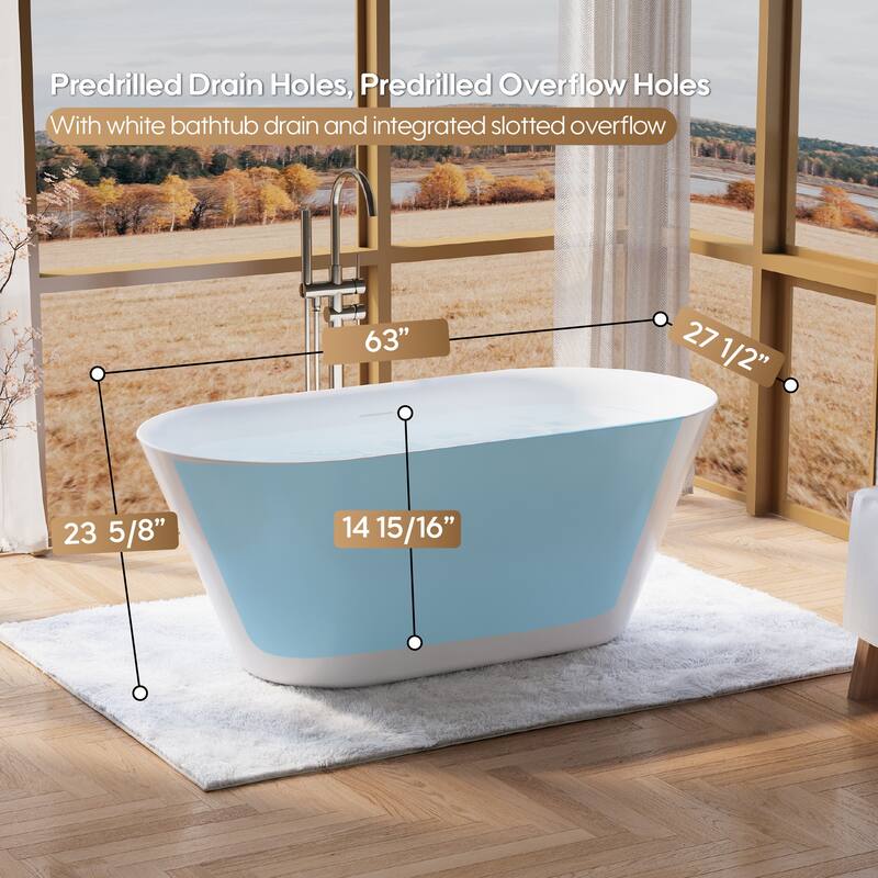 Glossy White Freestanding Soaking Bathtub, 100% Pure Virgin Acrylic with Drain And Overflow