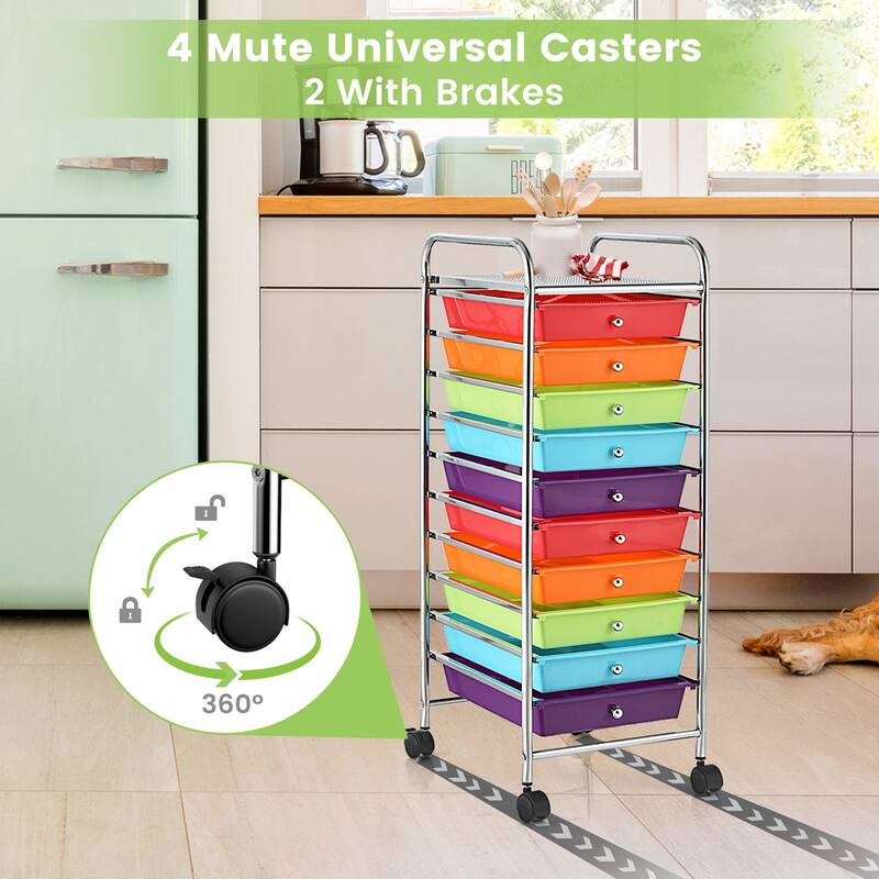 Costway 10 Drawer Rolling Storage Cart Scrapbook Office School - Multi - See Details