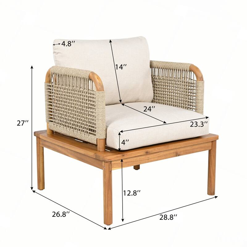 Outdoor Acacia Wood and Rope Club Chair with Cushions