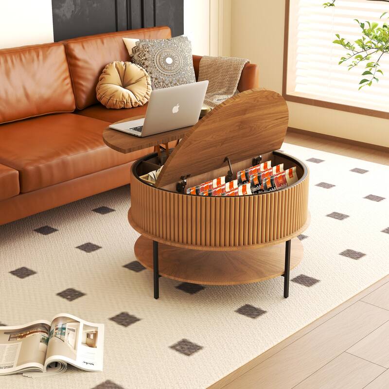 31.5 Inch Farmhouse Brown Lift Top Coffee Table, Round Storage Cocktail Table with Sturdy Steel Legs, for Living Room