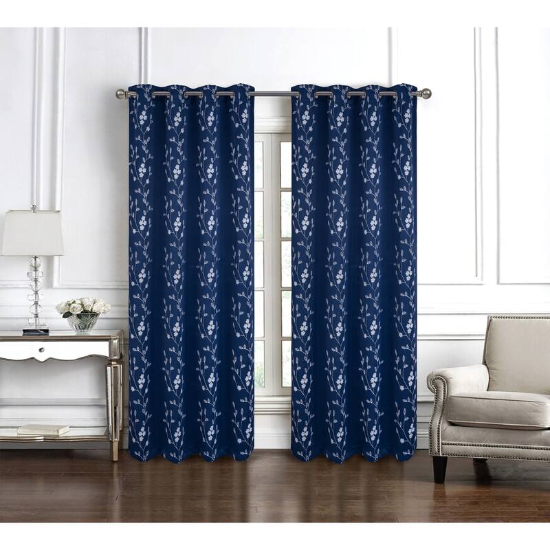 Lilian Embroidered Privacy Window Curtain Panel 84" or 95" - 54" x 95" - Navy Blue