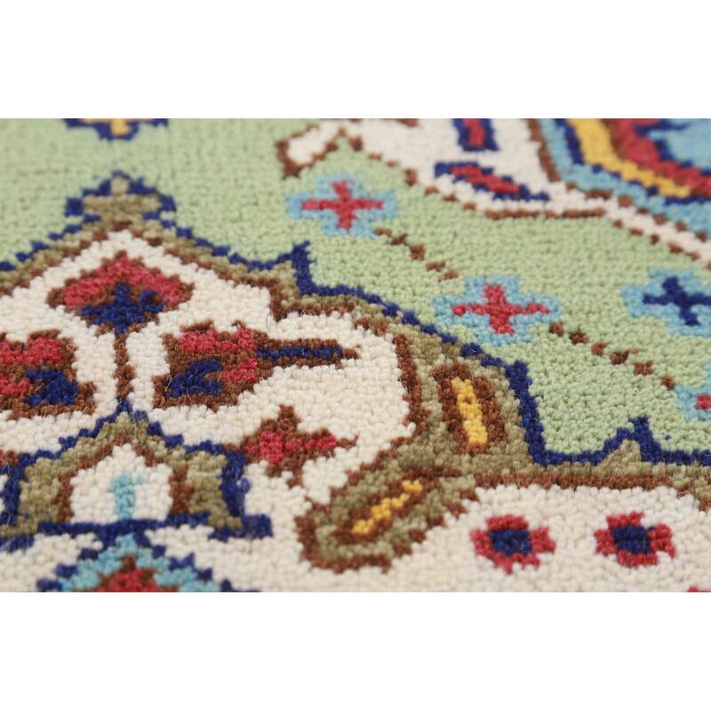 Hand Knotted Oriental 100% Wool Carpet Traditional Geometric Green Kazak Runner Rug - 9' 8'' X 2' 7''