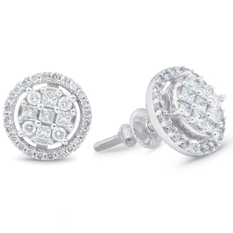 Bliss Diamond 5/8 cttw Princess Cut Diamond Halo Screw Back Studs White Gold 9.5MM