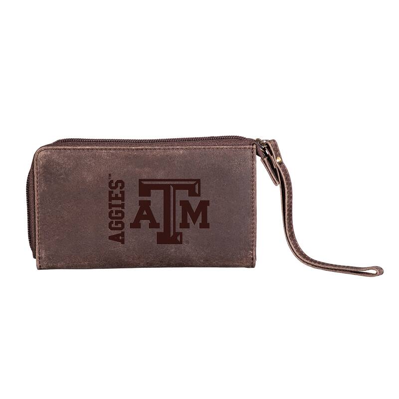 Brown Leather Cell Phone Wristlet Wallet, Texas A&M - 4" x 7"