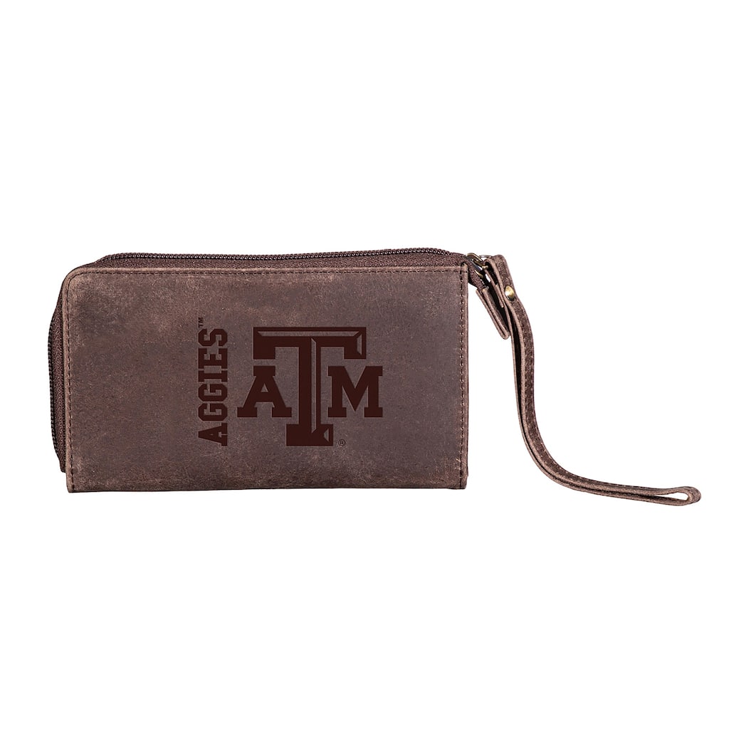 Brown Leather Cell Phone Wristlet Wallet, Texas A&M - 4" x 7"