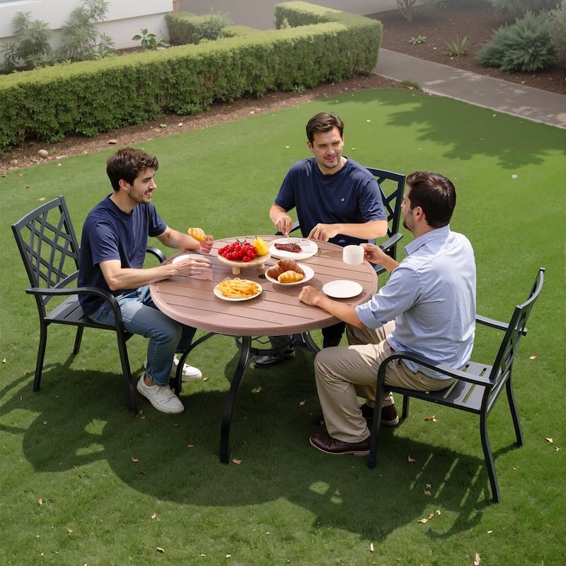 Outdoor Patio Dining Table Gray Wood Grain Carbon Steel Weather Resistant Backyard Bistro Table with Umbrella Hole - 41x28 in