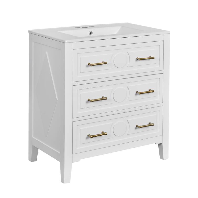30" White Bathroom Vanity with Ceramic Sink and 3 Drawers, Retro Free-Standing Vanity Set - 30 in W Ceramic,Solid Wood+MDF