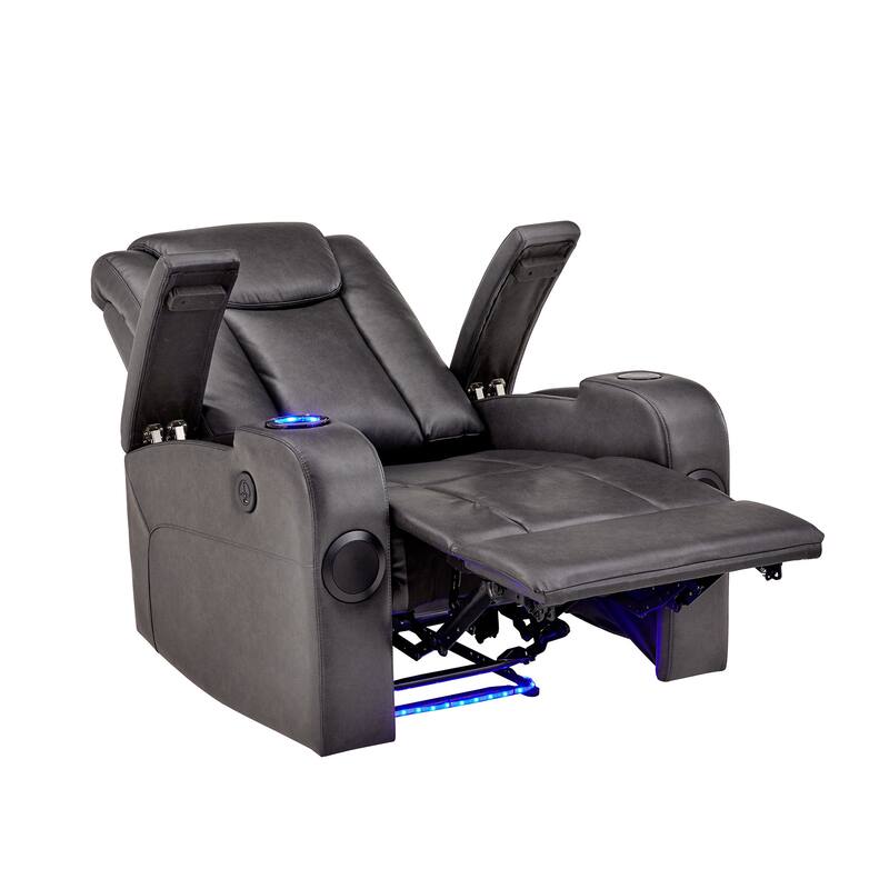 Terlingua Gray Vegan Leather LED Power Recliner with Speaker, Storage, USB and Wireless Charger by iNSPIRE Q Classic