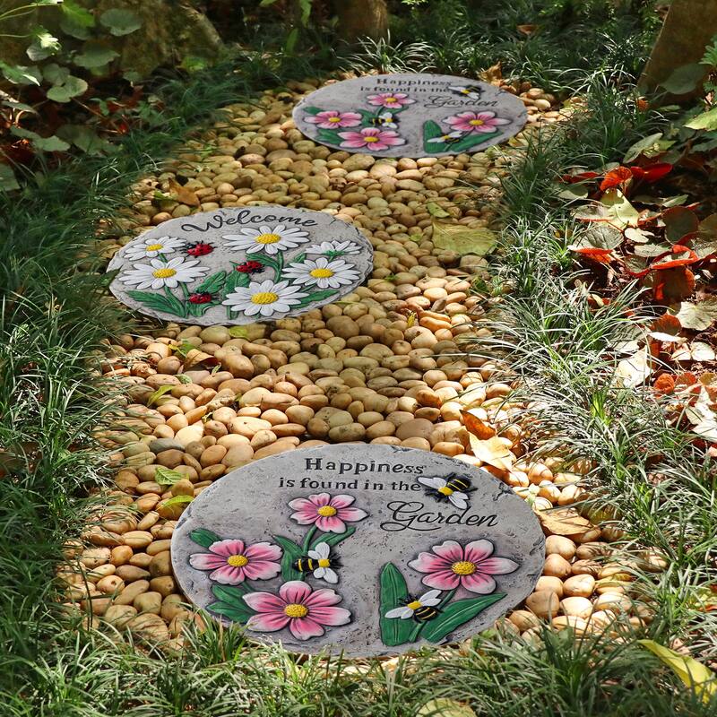 Glitzhome 2-Piece Cement Flower Textured Stepping Stones Garden Decor - 10 in