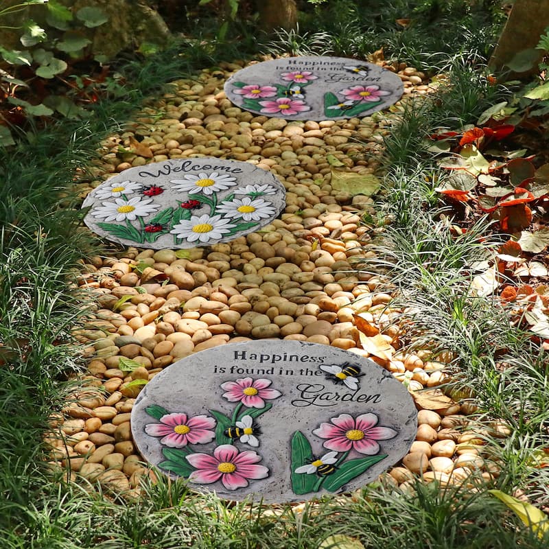 Glitzhome 4-Piece Cement Flower Textured Stepping Stones Garden Decor - 10 in