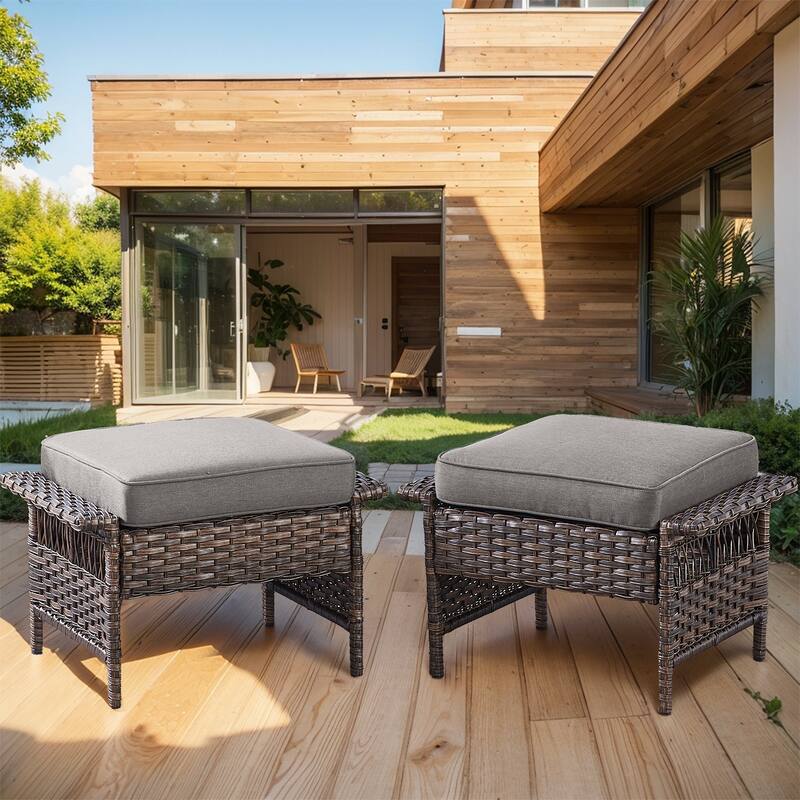Pocassy Outdoor Swivel Chairs with Sofa Chair Ottoman and Table Set - Brown Wicker Gray Cushion - 2-Piece Patio Ottoman