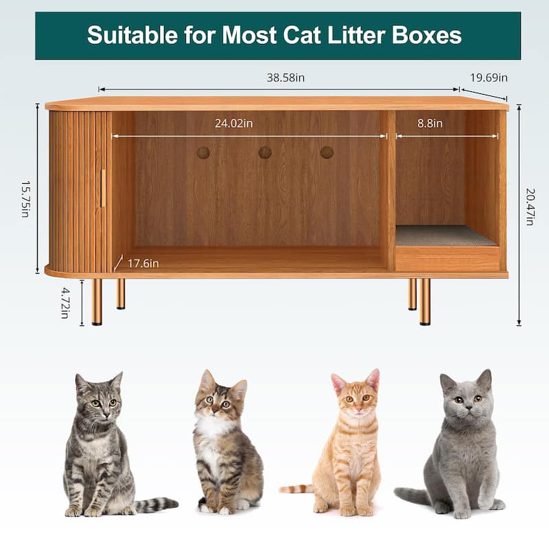 38.5" Cat Litter Box Enclosure with Scratch Pad and Sliding Door,Cat Hidden Litter Box Cabinet,Modern Indoor Cat House,TV Stand