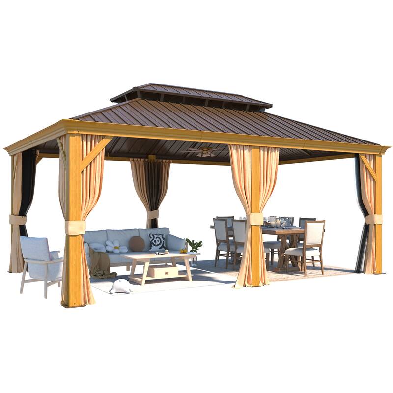 Outdoor Hardtop Gazebo, Wooden Finish Coated Aluminum Frame w Galvanized Steel Double Roof with Premium Curtains and Netting