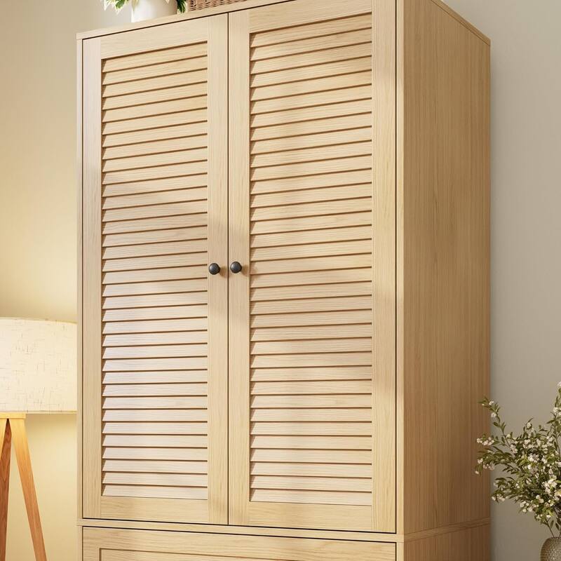 Garvee Louvered Door Armoire Wardrobe Closet with Drawers, 69.5" Wooden Wardrobe Cabinet with Hanging Rod
