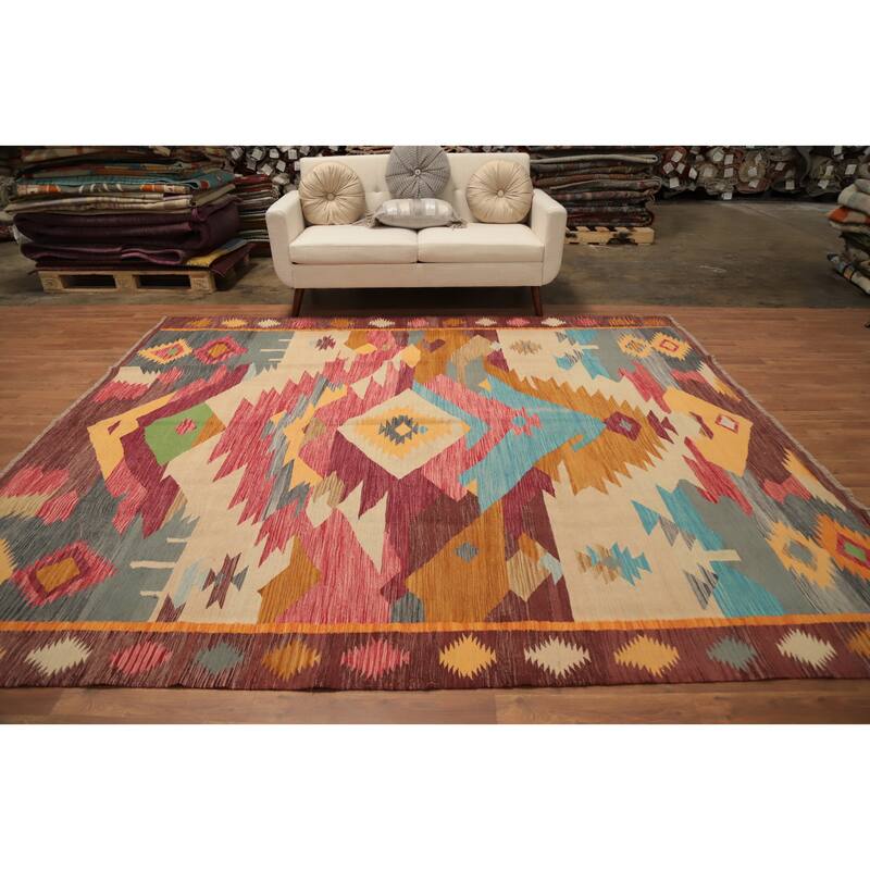 Hand Woven Oriental 100% Wool Carpet Southwestern Tribal Multi-Colored Kilim Area Rug - 9' 9'' X 8' 5''