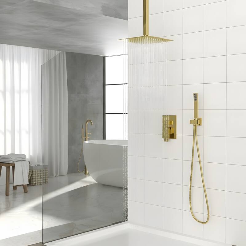 10" Ceiling-Mounted Square Shower and Handheld Showerhead Set - Gold