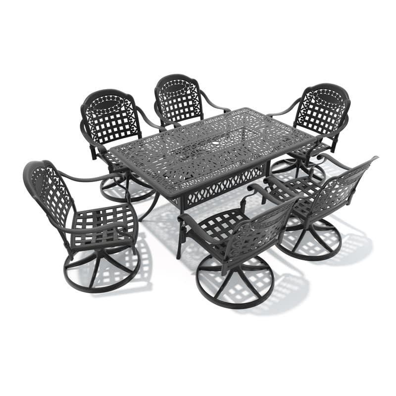 7-Piece Aluminum Rectangular Outdoor Patio Dining Set, 6 Cushioned Swivel Chairs, Table, All-Weather Frames