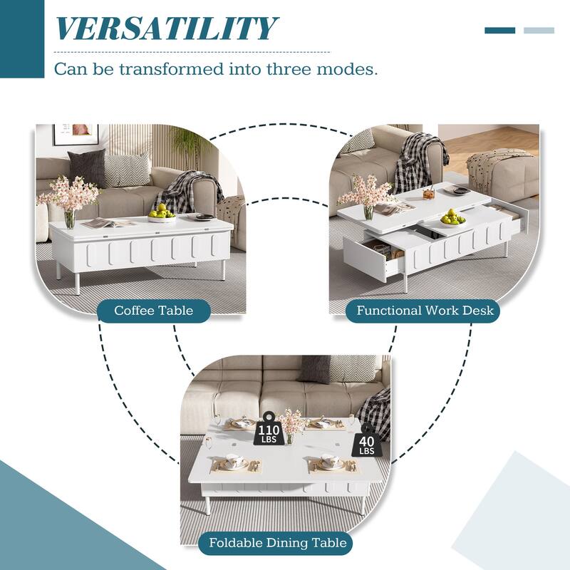 White Coffee Table Center Table with Drawers, Cocktail Table End Table Accent Table with Foldable Top - White
