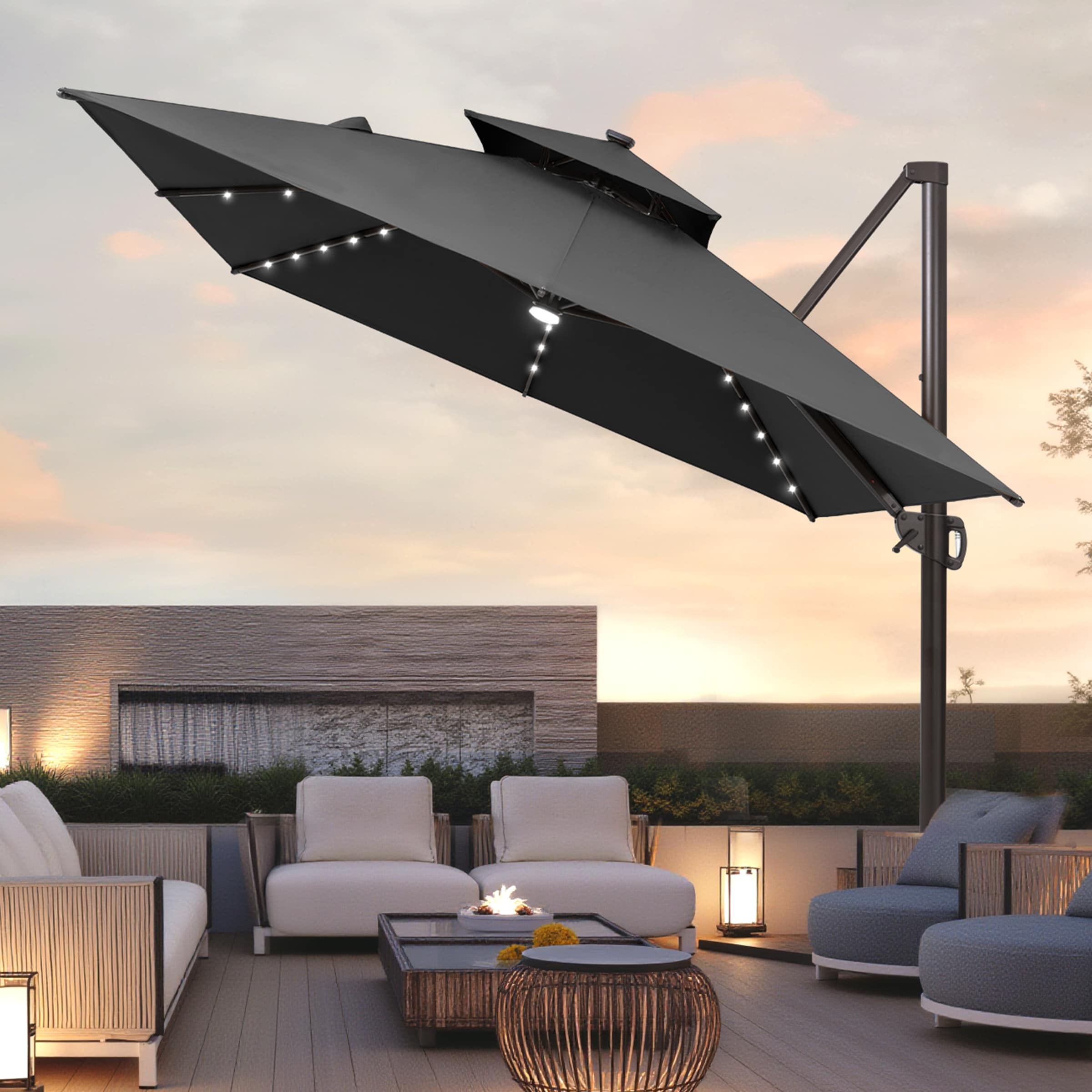 VredHom 9 x 11ft Outdoor Rectangular Dual Top Aluminum Cantilever Patio Umbrella LED Light