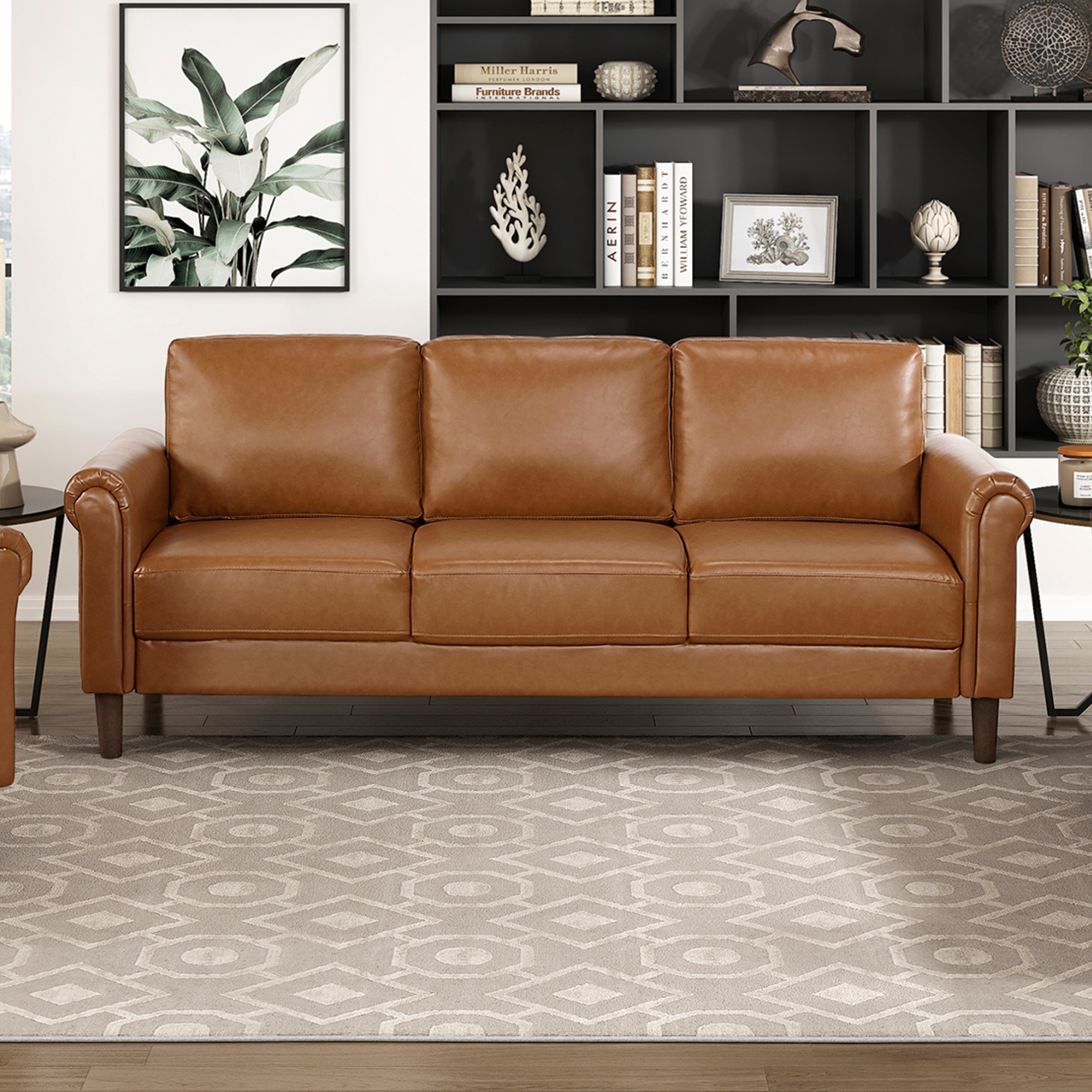 Fremont & Park Frances 79" Faux Leather Living Room Sofa - Brown Finish Exposed Feet