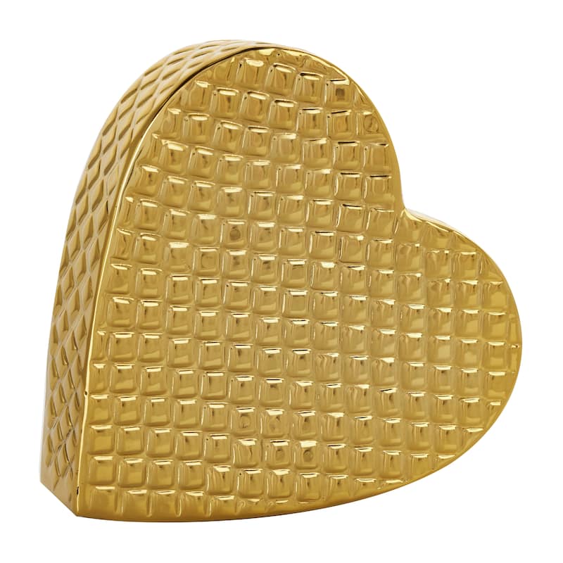 Gold or Silver Aluminum Metal Slanted Heart Sculpture with Dimensional Cube Textured Exterior