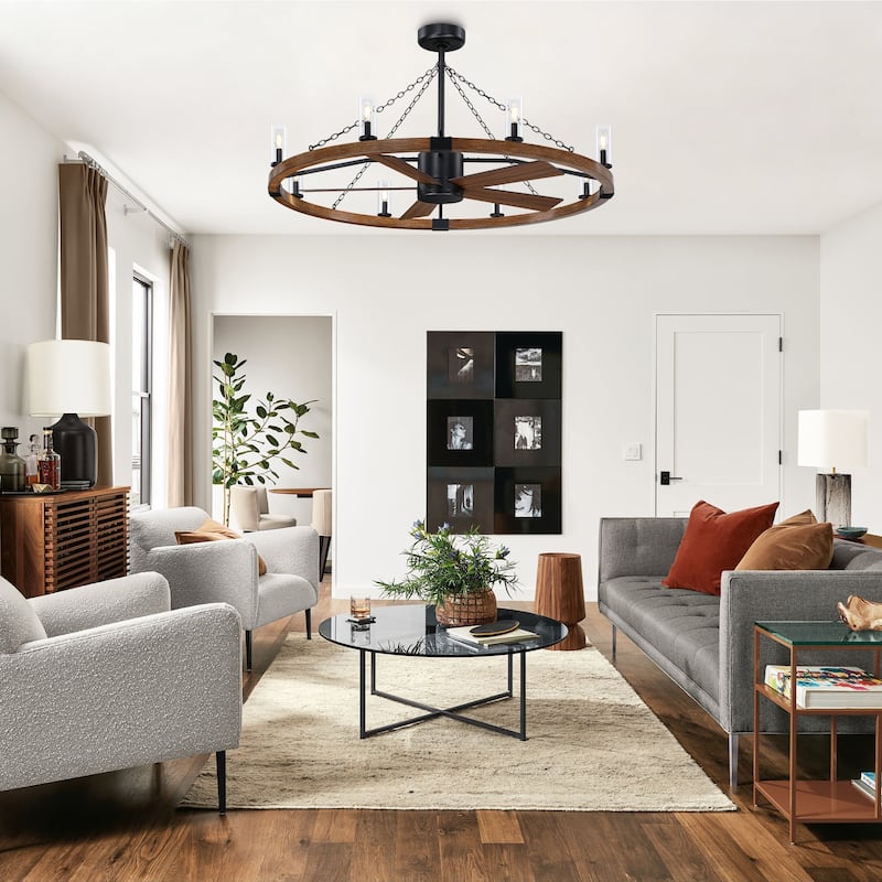 52" Farmhouse Black Wagon Wheel Caged Chandelier Ceiling Fan with Light and Remote