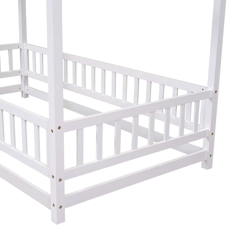 Full/Twin Size Wooden Bed with House Roof Frame and Fence Guardrails