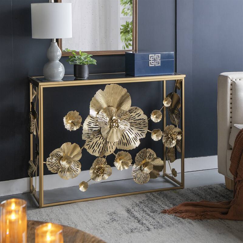 Modern Entryway Gold Console Table with Mirrored Glass Top - Gold