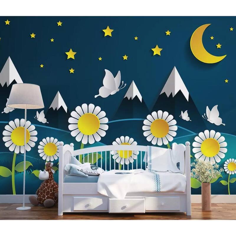 GK Wall Design Kids Cartoon Nightscape Daisy and Mountain Removable Wallpaper