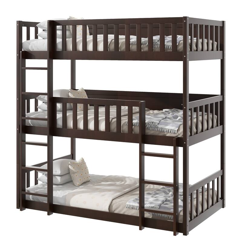 Triple Twin Size Rubber Wood Bunk Bed with Ladders and Guardrails, Detachable, Espresso