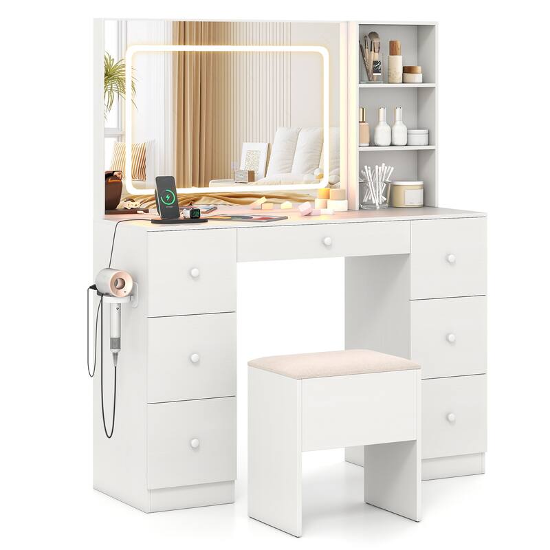 Vanity Desk and Stool Set with Lighted Mirror Built in Charging Station and Large Storage Drawers White - 46" x 16" x 56"
