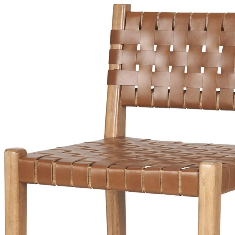 HomeRoots 26" Brown and Natural Leather and Solid Wood Low Back Counter Height Bar Chair