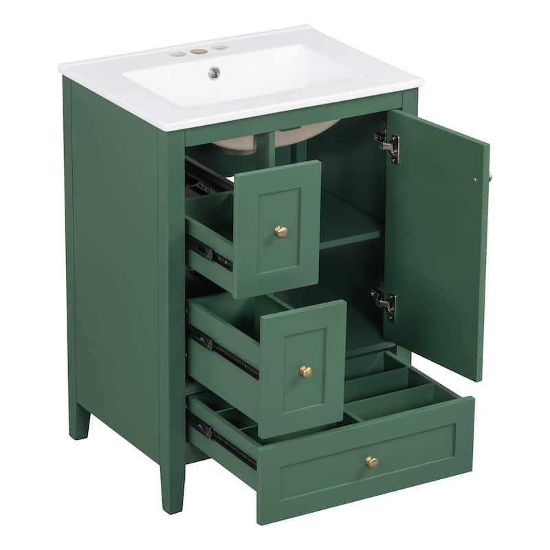 24-Inch Bathroom Vanity with Storage, Adjustable Shelf, MDF & Rubberwood, Removable Dividers