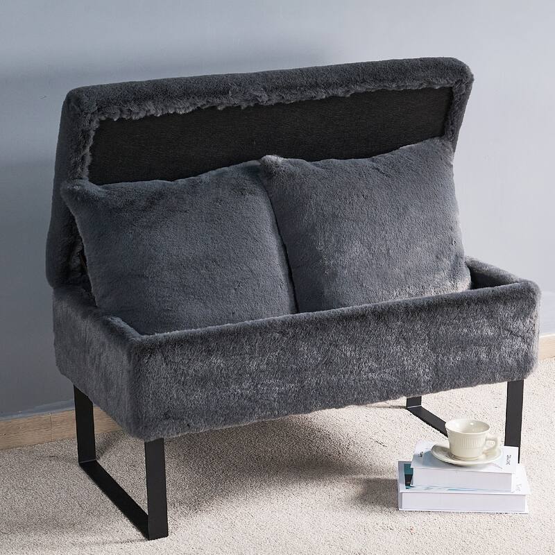 Heavy FauxFur Storage Ottoman with 2 Pillow Set