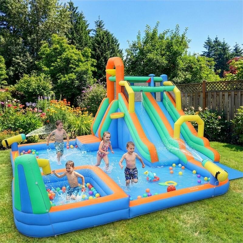 Oxford Cloth Inflatable Castle Bounce House In Blue And Yellow With Double Slides, Climbing Wall And Water Pool - N/A