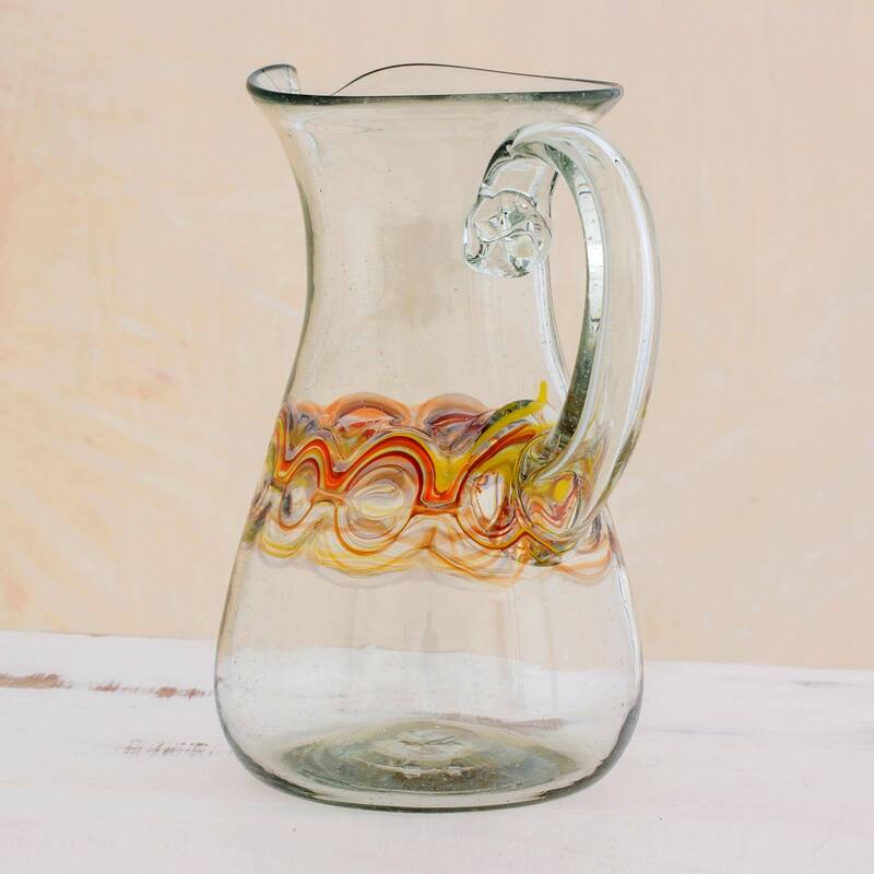 NOVICA Handmade Orange Reef Blown Glass Pitcher (Guatemala) - 7.75" H x 6" W x 4.9" D