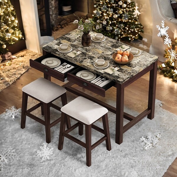 3 Piece Faux Marble Bar Table Set with Drawers and Padded Stools Bed Bath Beyond 42471089