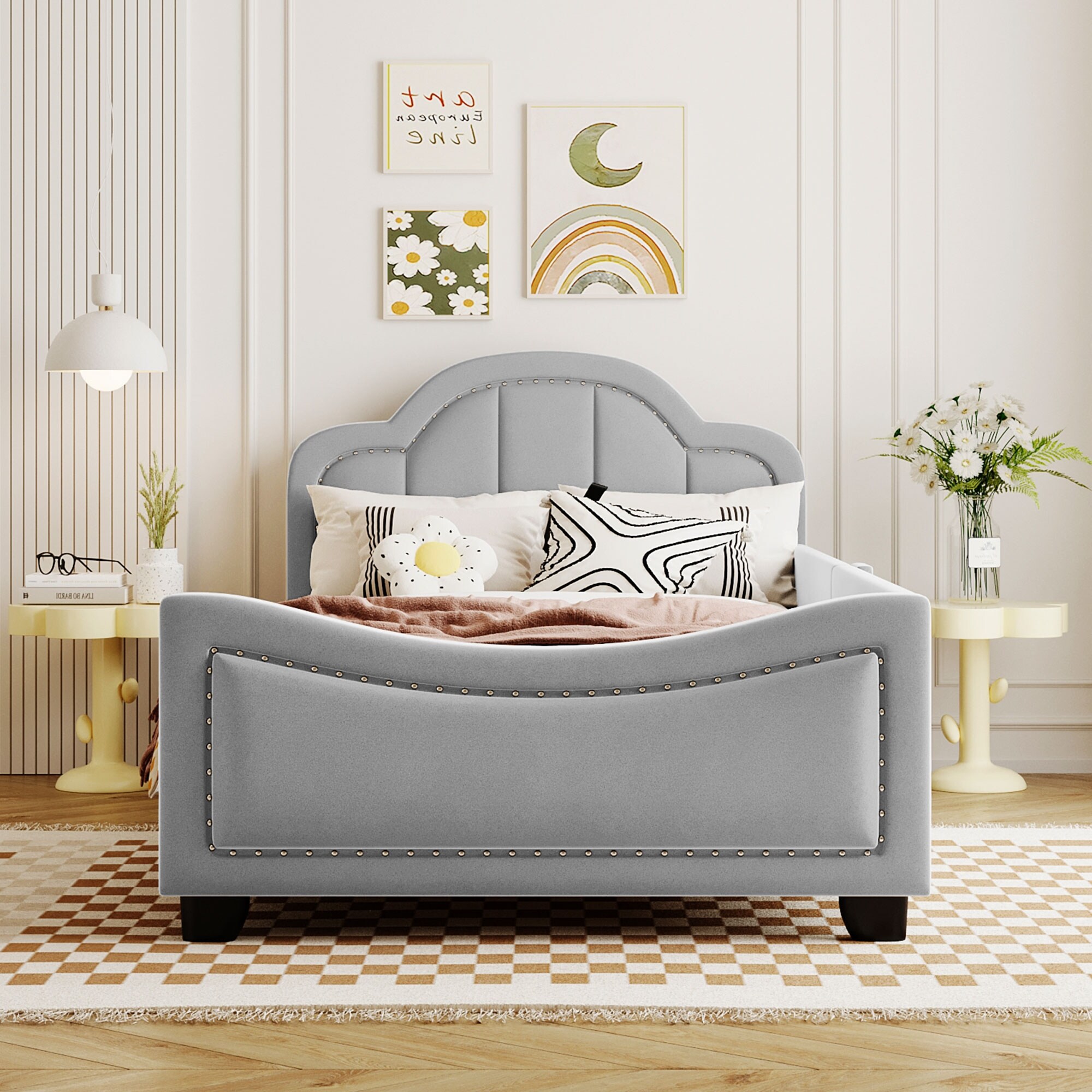 Twin Size Upholstered Daybed with Cloud Shaped Headboard Embedded Elegant Copper Nail Design