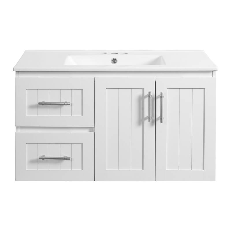 GDFStudio - Ardwell Modern Wall-Mounted Bathroom Vanity with 3 Holes Single Ceramic Sink, 2 Storage Drawers & Adjustable Shelf