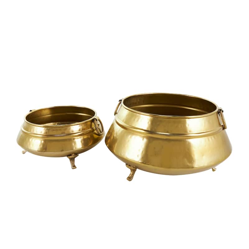 Gold Metal Hammered Pot Indoor Outdoor Planter with Scrolled Feet and Ring Handles (Set of 2)